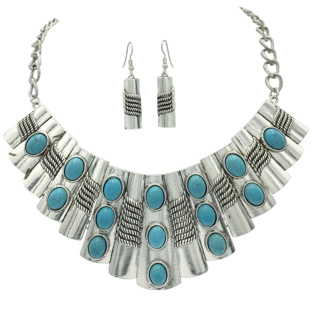 Large Turquoise Stone Tribal Western Statement Bib Necklace Earrings Set